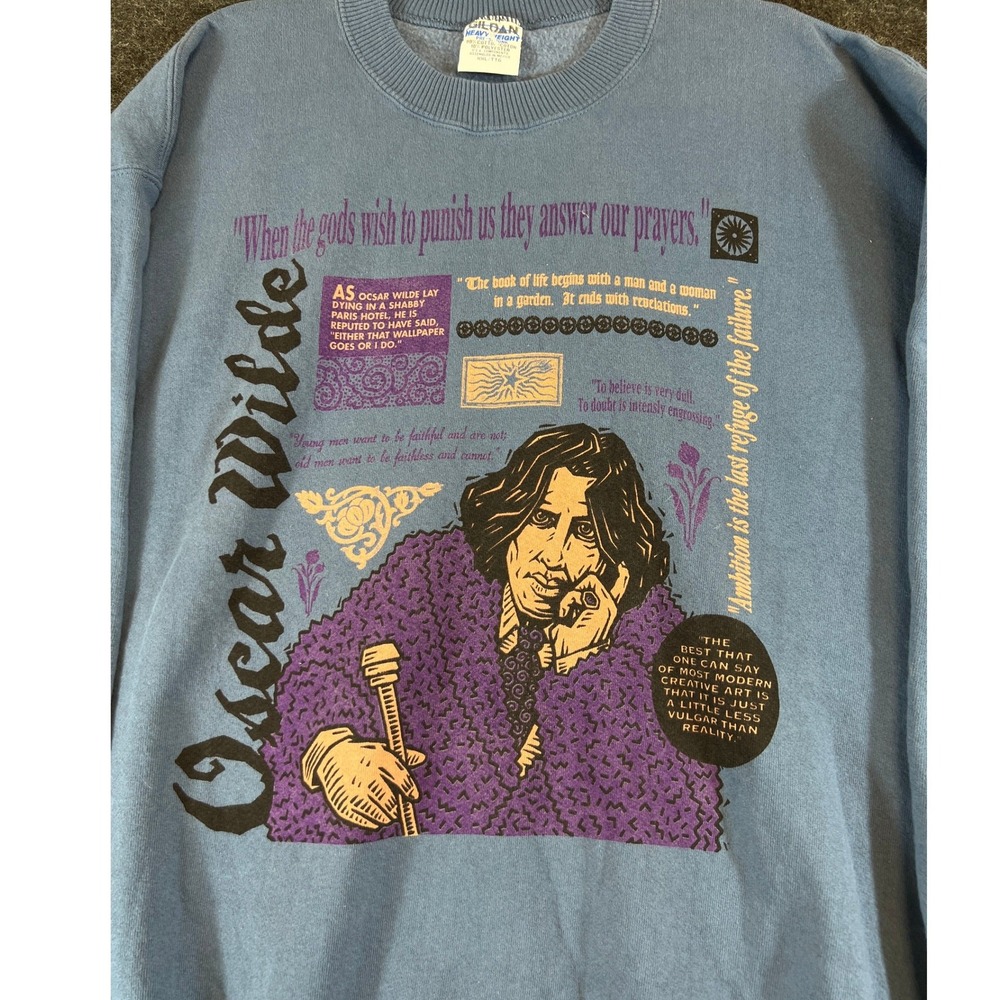 Vintage 90s Oscar Wilde Graphic Sweatshirt Mens XXL Blue Graphic Art Crewneck
